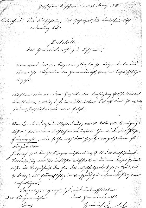 Auszug aus dem Protokoll des Gemeinderats Fehlheim vom 23.März 1891. Beschluss zur Gründung einer Pflichtfeuerwehr