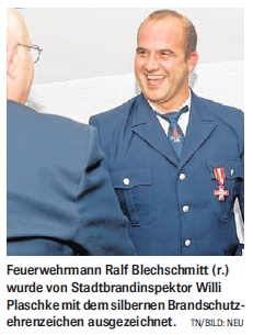 Silbernes Brandschutzehrenzeichen am Bande für Ralf Blechschmitt